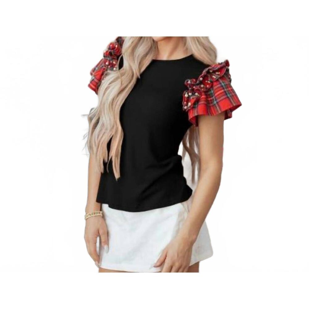 NEW 1 THE WOMAN plaid pearl-embellished ruffle sleeves top in black/red